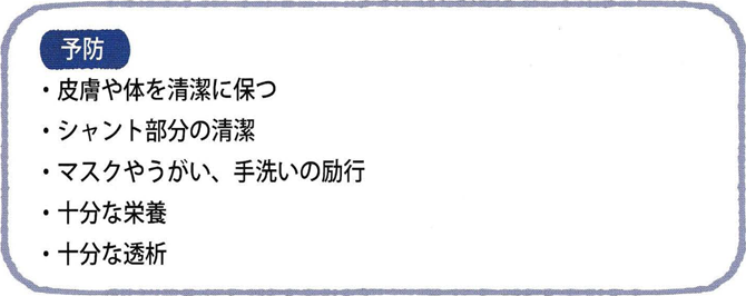 予防 ・皮膚や体を清潔に保つ ・シャント部分の清潔 ・マスクやうがい、手洗いの励行 ・十分な栄養 ・十分な透析